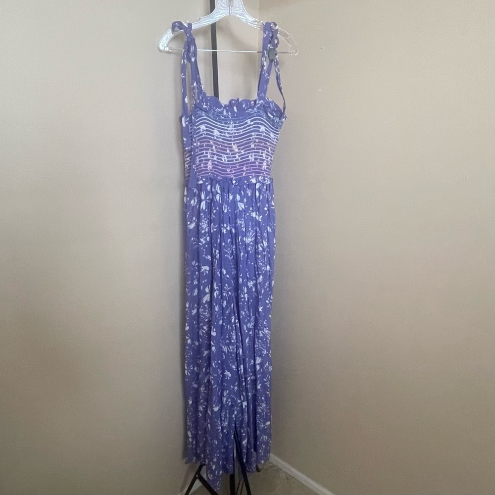FREE PEOPLE Periwinkle/ Purple Floral Smocked Jumpsuit - Picture 2 of 9